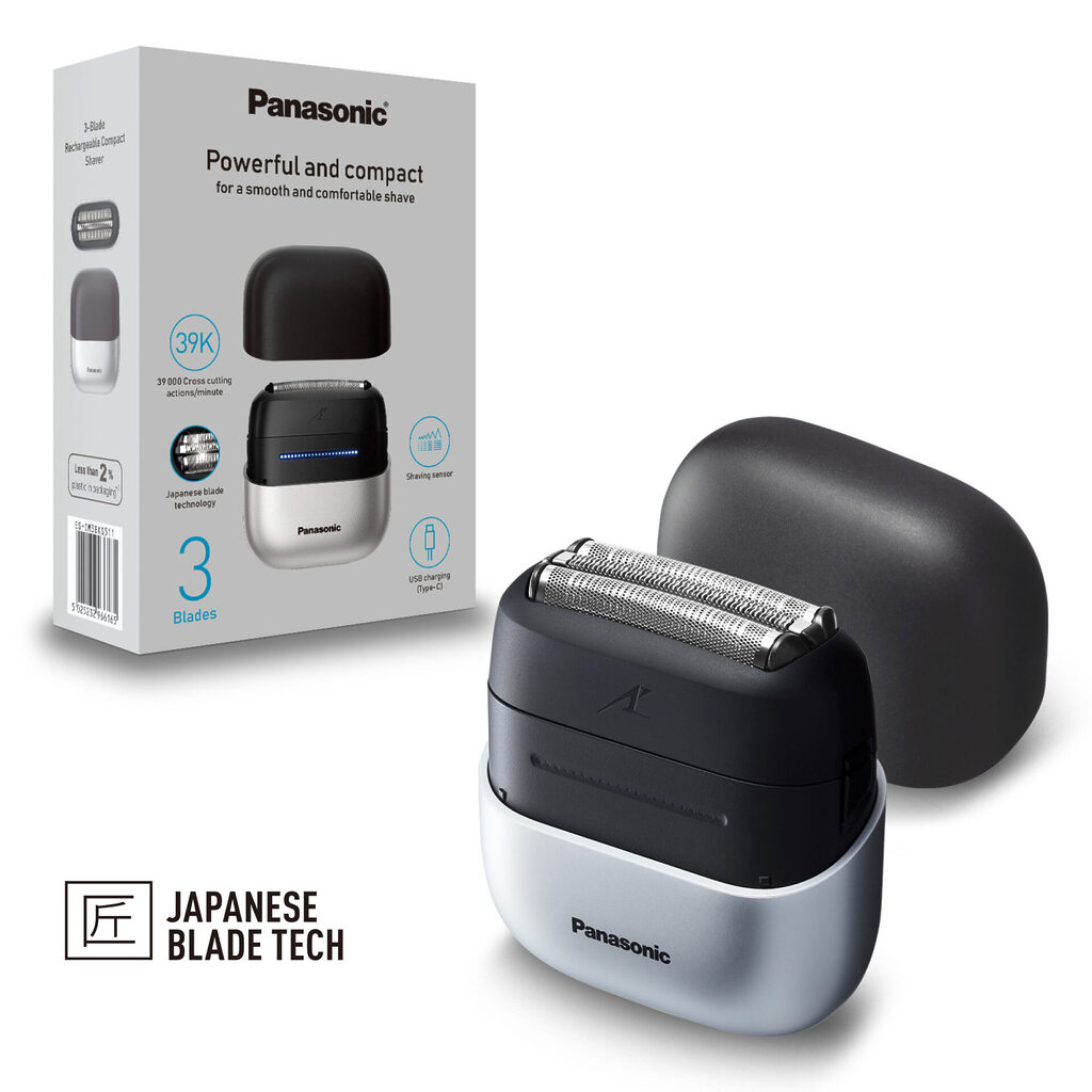 Panasonic ES-CM3B Aparat de ras electric compact cu 3 lame (senzor de barbă, motor liniar rapid, bărbierit umed/uscat, încărcare USB Type-C)