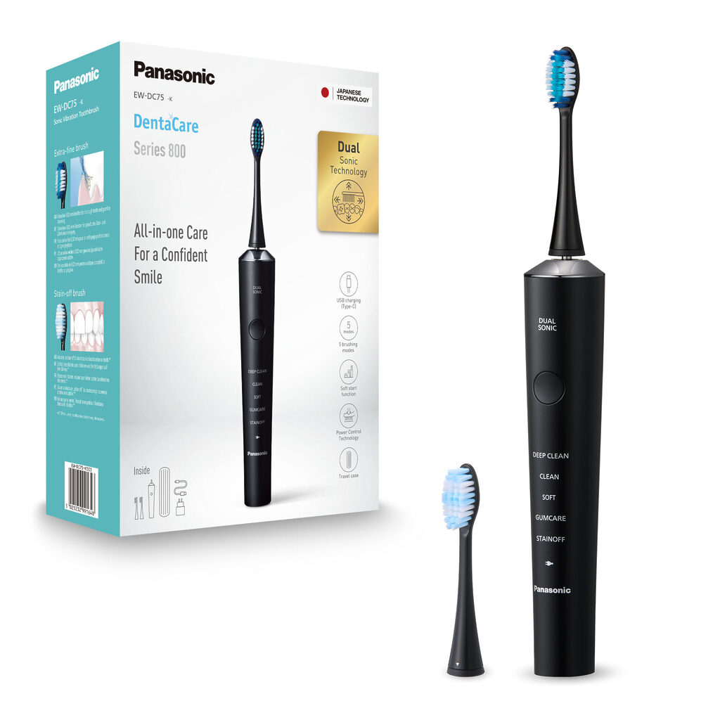 Panasonic EW-DC75 periuță de dinți sonică cu vibrații (tehnologie Dual Sonic, 5 moduri, ajustare automată a puterii, încărcare USB tip C), neagră