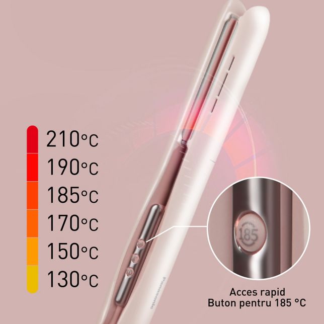 Setări de temperatură cuprinse între 130 °C și 210 °C, cu un buton de acces rapid la 185 °C.