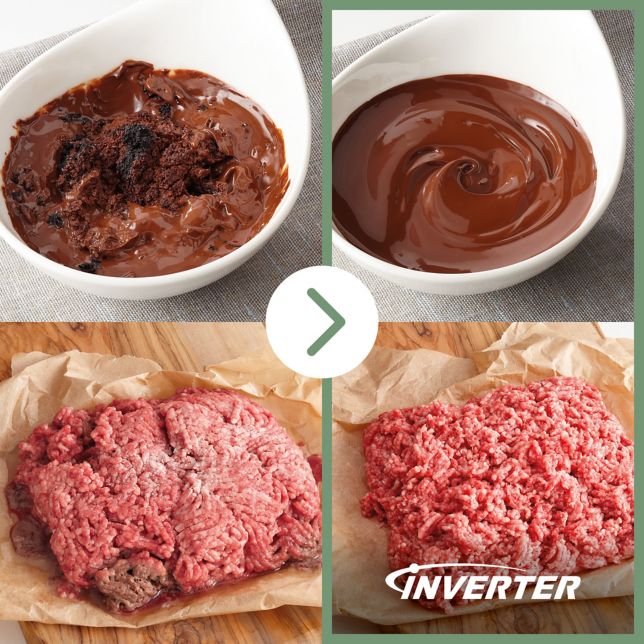 Un grafic comparativ prezintă două boluri cu amestec de ciocolată și două porții de carne tocată înainte și după procesare. O săgeată verde indică îmbunătățirea, iar eticheta „Inverter” subliniază faptul că rezultatele sunt obținute cu ajutorul tehnologiei Inverter.